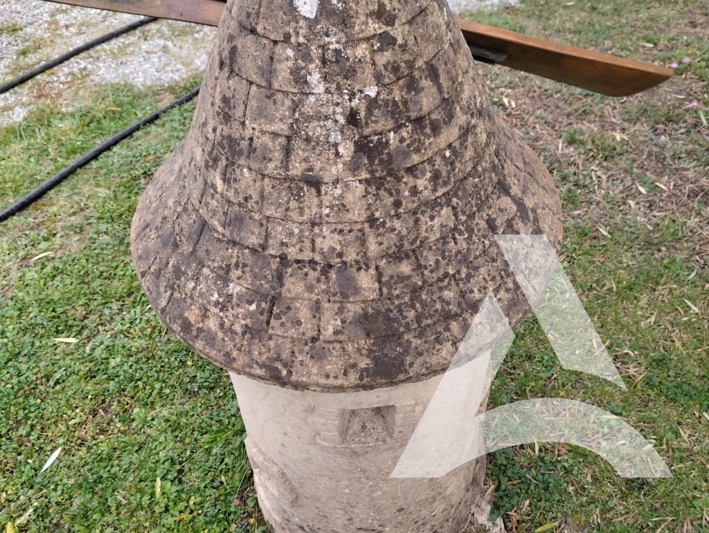 Nettoyage d'un toit de moulin décoratif pour jardin, mousses et salissures