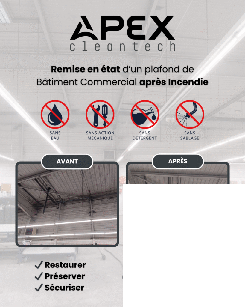 Post LinkedIn sur le nettoyage d'un plafond d'un bâtiment commercial encrassé par la suie